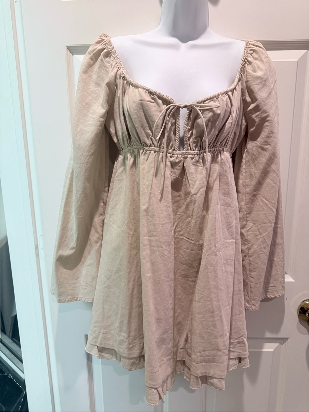 Beige Long-Sleeve Peasant Mini Dress with Tie Front - Picture 3 of 7